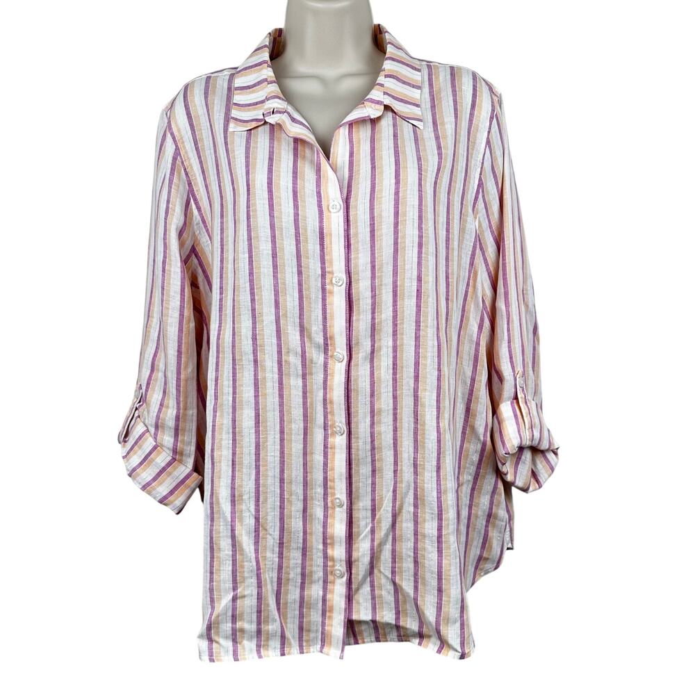 NWOT Chico's Blouse Top Linen Striped Button Front Metallic Purple Orange 16/18